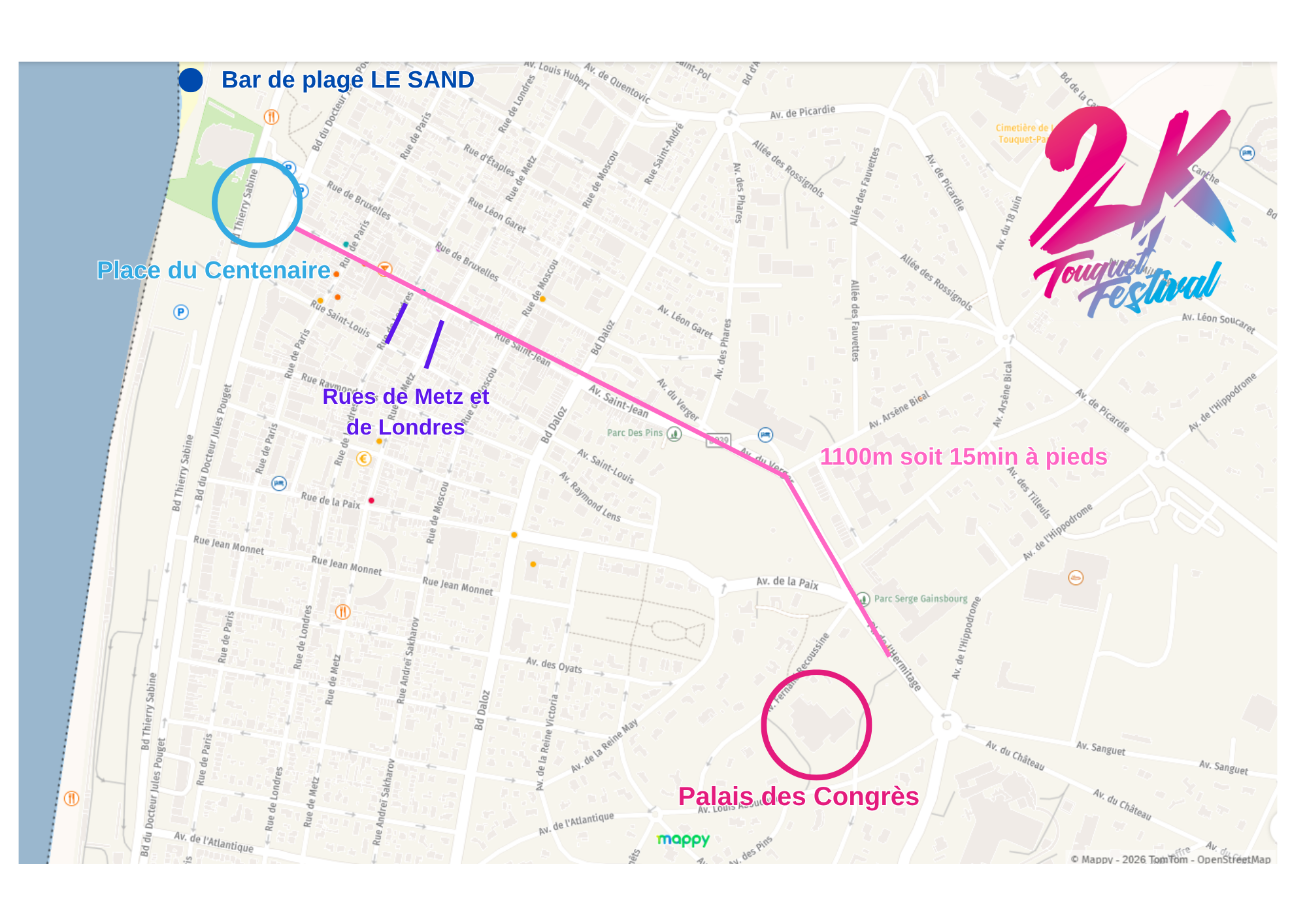 Plan du 2K Festival – Palais des Congrès, Place du Centenaire, Rue de Londres, Rue de Metz